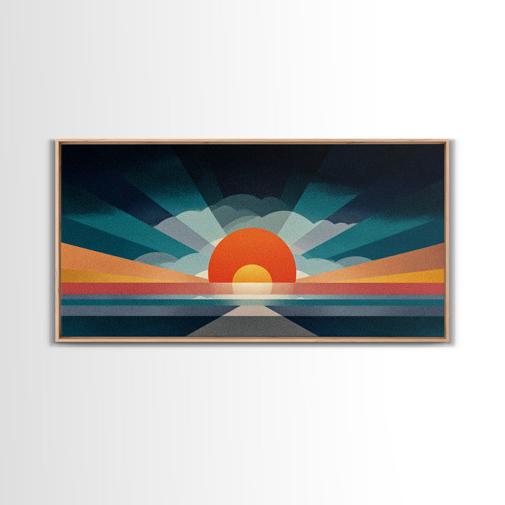 Retro Radiant Sunrise Wall Art, Mid Century Modern Geometric Poster, Abstract Desert Sun Canvas Print, Colorful Home Decor