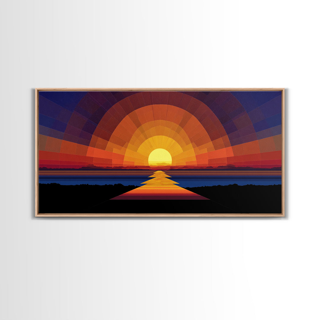 Geometric Sunset Over Ocean Path Wall Art, Mid Century Modern Abstract, Retro Sun Poster, Colorful Living Room Decor Print