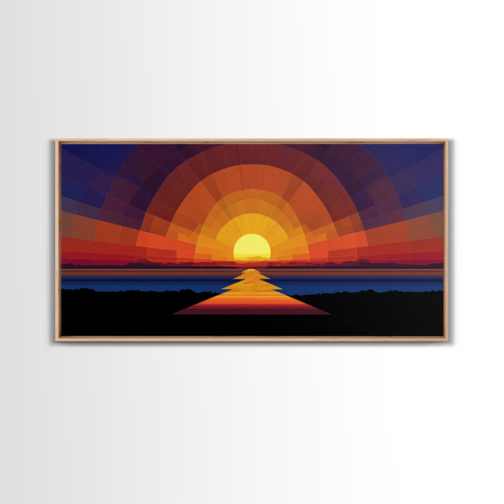 Geometric Sunset Over Ocean Path Wall Art, Mid Century Modern Abstract, Retro Sun Poster, Colorful Living Room Decor Print