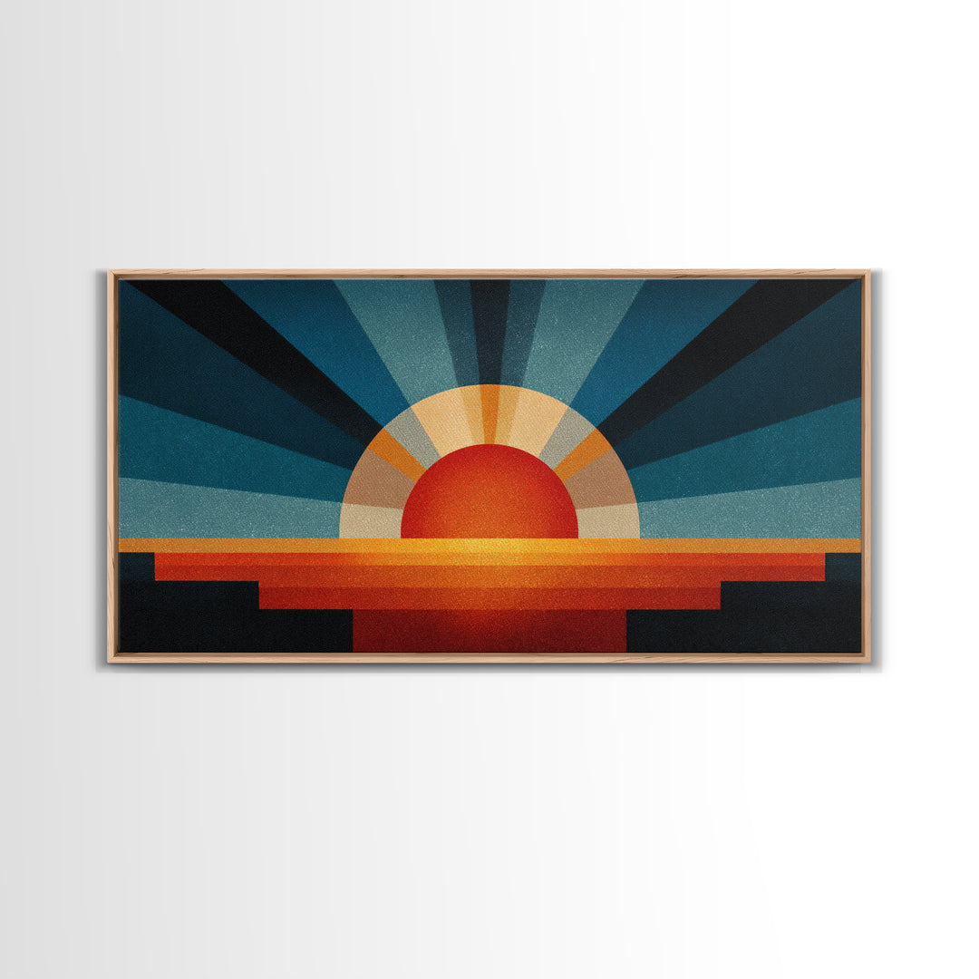 Textured Sun Rising Over Horizon Canvas Print, Mid Century Modern Abstract, Retro Wall Decor, Orange Blue Living Room Art