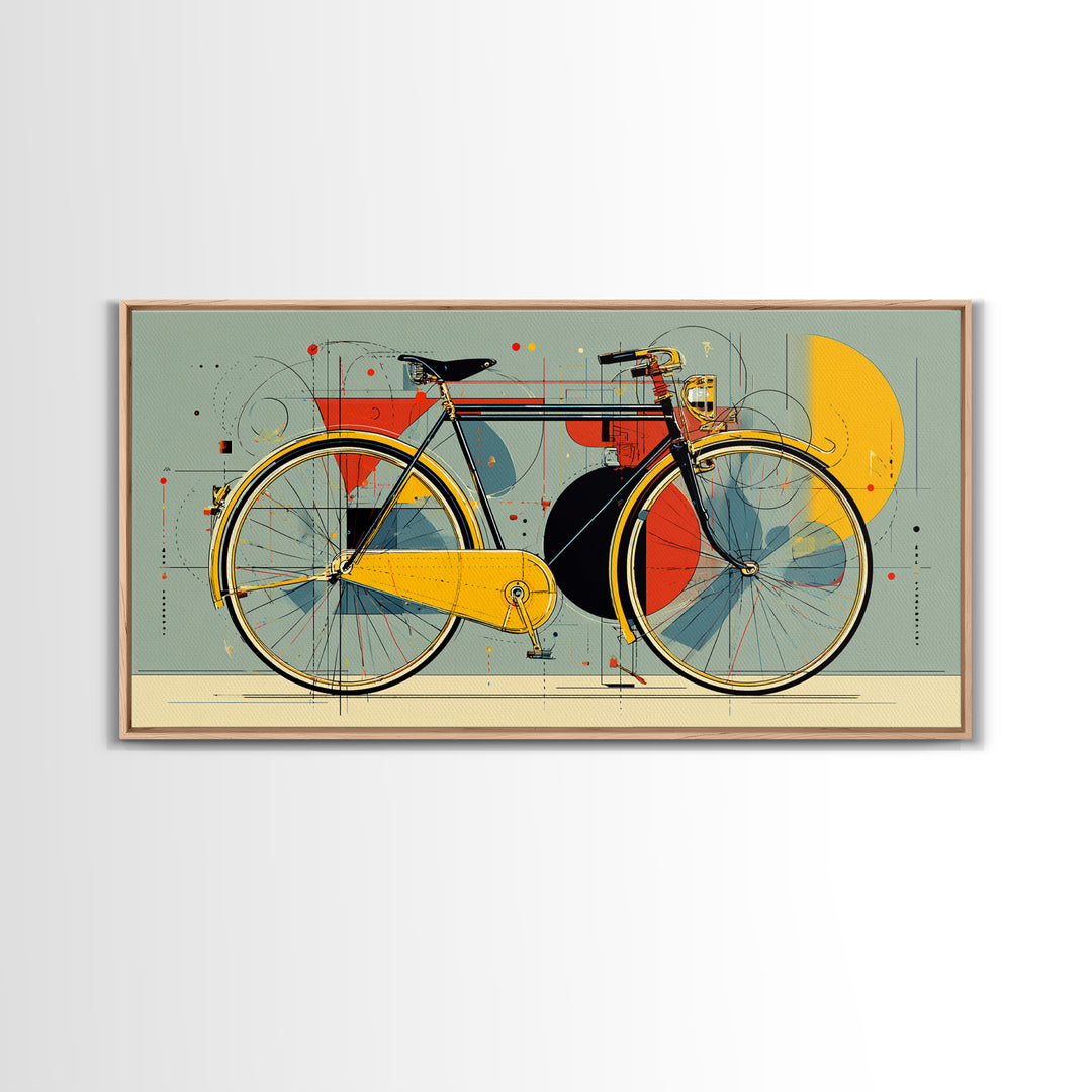 Classic City Bicycle With Abstract Circles Framed Canvas Print, Mid Century Modern Wall Art, Retro Bike Poster, Studio Decor