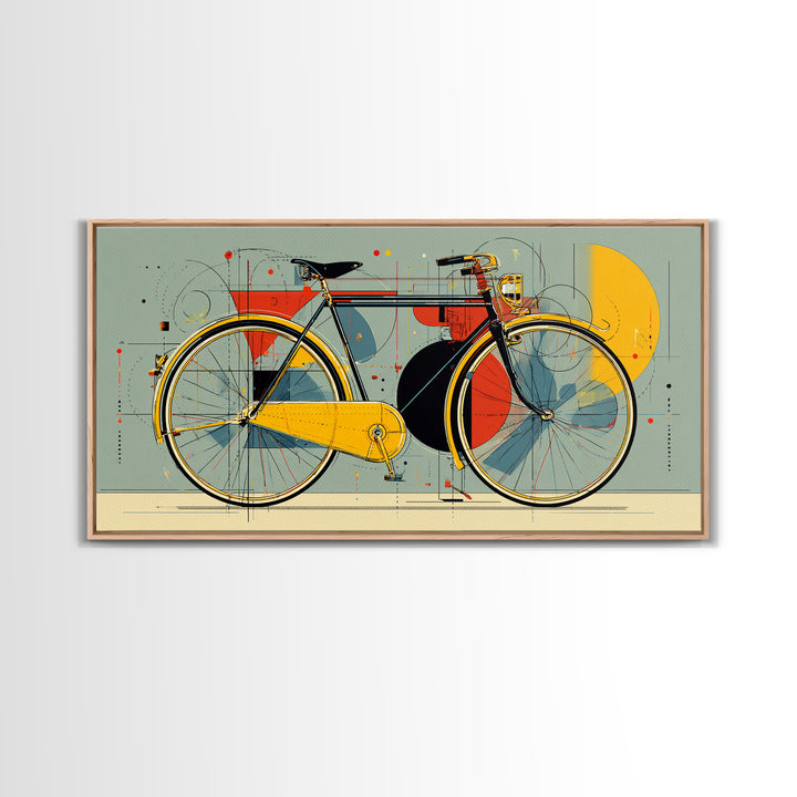 Classic City Bicycle With Abstract Circles Framed Canvas Print, Mid Century Modern Wall Art, Retro Bike Poster, Studio Decor