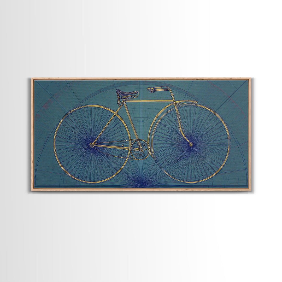 Technical Line Drawing Bicycle On Blue Framed Canvas Print, Mid Century Modern Art, Retro Cycling Poster, Home Office Decor