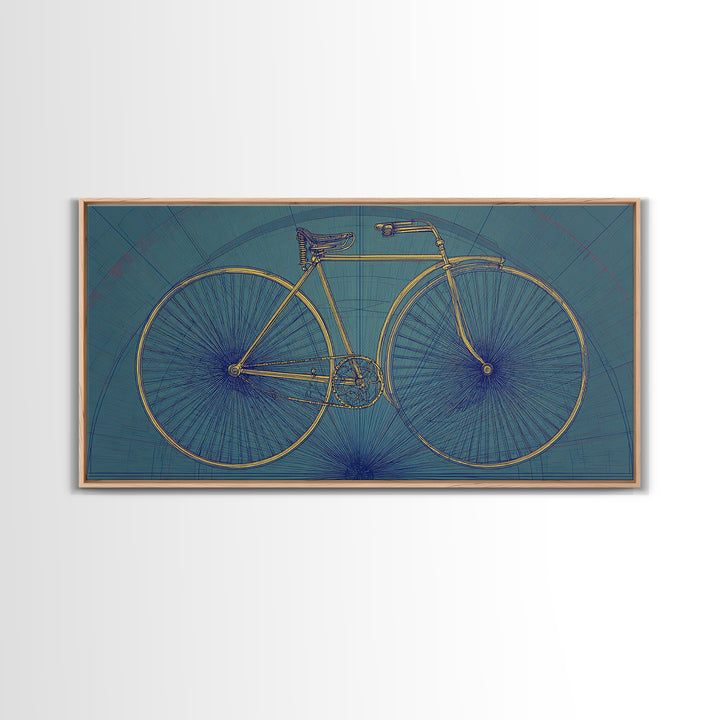 Technical Line Drawing Bicycle On Blue Framed Canvas Print, Mid Century Modern Art, Retro Cycling Poster, Home Office Decor