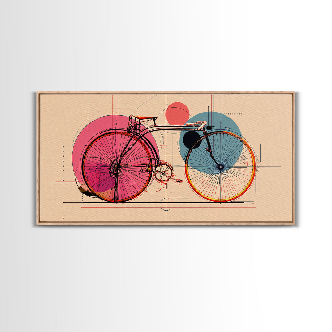 Retro Bicycle With Pink Blue Circles Canvas Print, Mid Century Modern Wall Art, Geometric Poster, Colorful Apartment Decor
