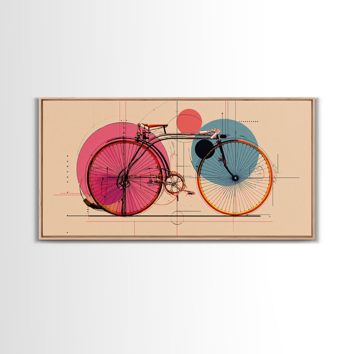 Retro Bicycle With Pink Blue Circles Canvas Print, Mid Century Modern Wall Art, Geometric Poster, Colorful Apartment Decor