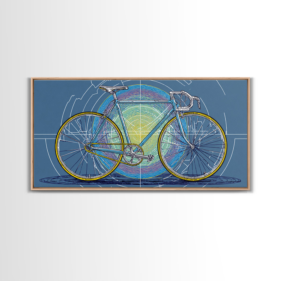 Touring Bicycle With Rainbow Circle Framed Canvas Print, Mid Century Modern Wall Art, Retro Cycling Poster, Blue Office Decor