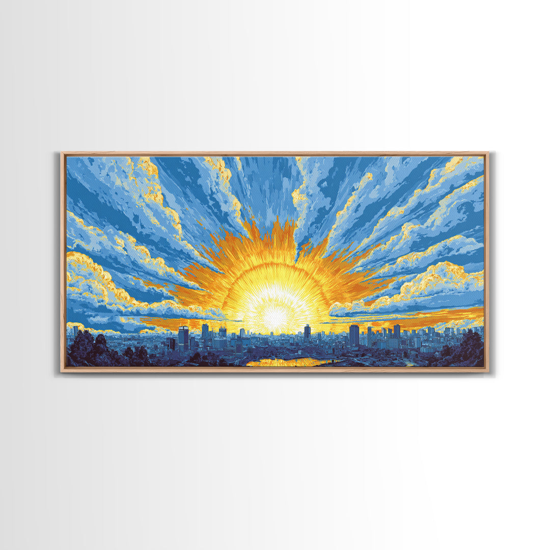 Golden Sunrise City Skyline Wall Art, Blue Sky Urban Landscape Canvas Print, Modern Home Decor, Statement Living Room Art