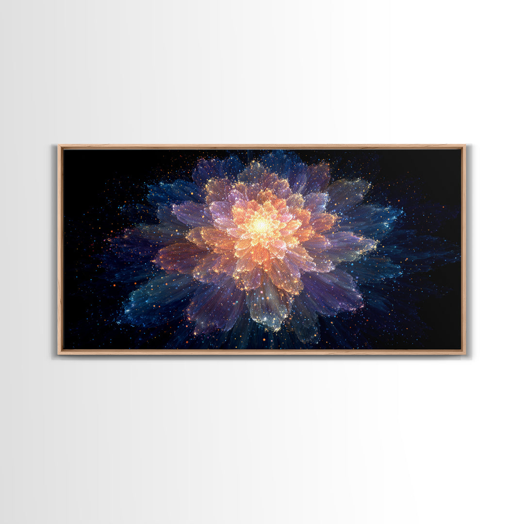 Glowing Cosmic Flower Canvas Print, Blue Orange Abstract Bloom, Spiritual Space Artwork, Modern Wall Art For Bedroom Decor