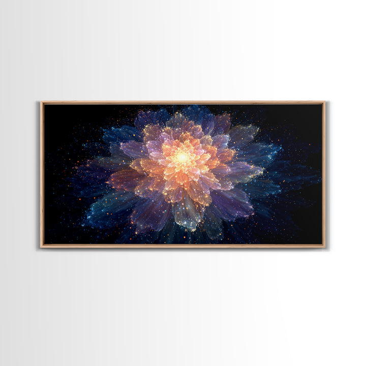 Glowing Cosmic Flower Canvas Print, Blue Orange Abstract Bloom, Spiritual Space Artwork, Modern Wall Art For Bedroom Decor
