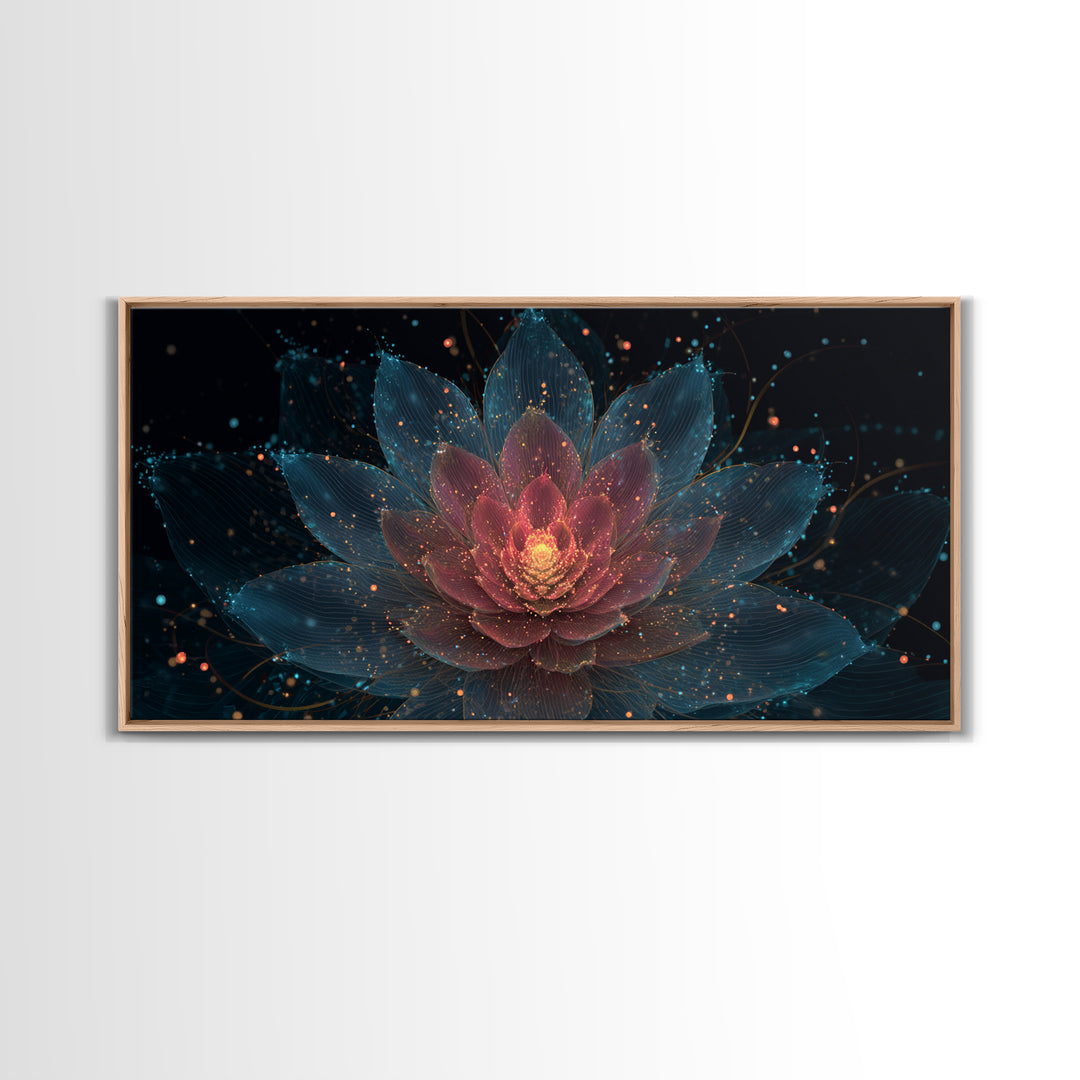 Teal Pink Lotus Canvas Print, Glowing Floral Mandala, Spiritual Abstract Art, Modern Wall Art, Yoga Decor For Meditation Room