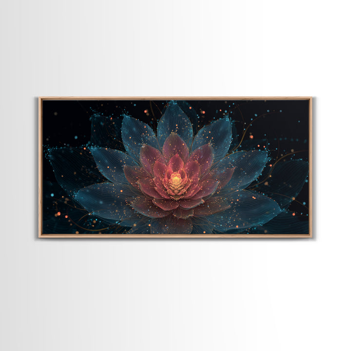 Teal Pink Lotus Canvas Print, Glowing Floral Mandala, Spiritual Abstract Art, Modern Wall Art, Yoga Decor For Meditation Room