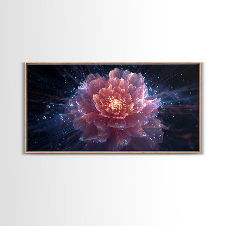 Radiant Pink Peony Canvas Print, Cosmic Floral Bloom, Blue Sparkle Abstract Art, Modern Wall Art For Bedroom And Living Room