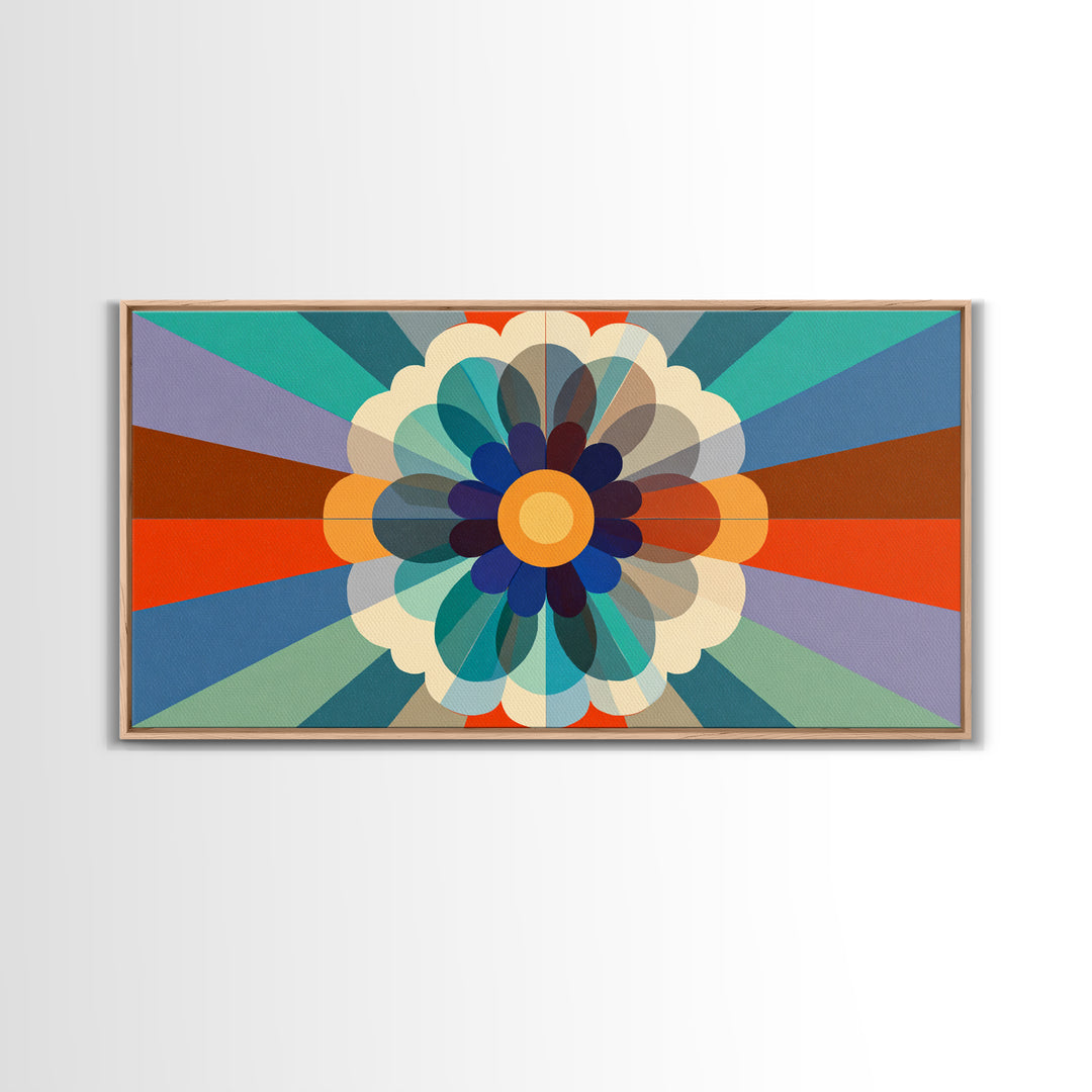 Retro Geometric Flower Wall Art, Colorful Mid Century Modern Radial Bloom, Bauhaus Poster, Bold Abstract Home Decor Print