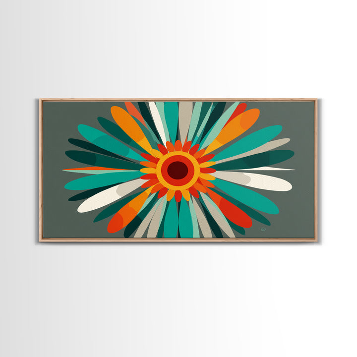 Teal Orange Atomic Flower Wall Art, Mid Century Modern Abstract Burst, Retro Geometric Poster, MCM Home Decor Canvas Print