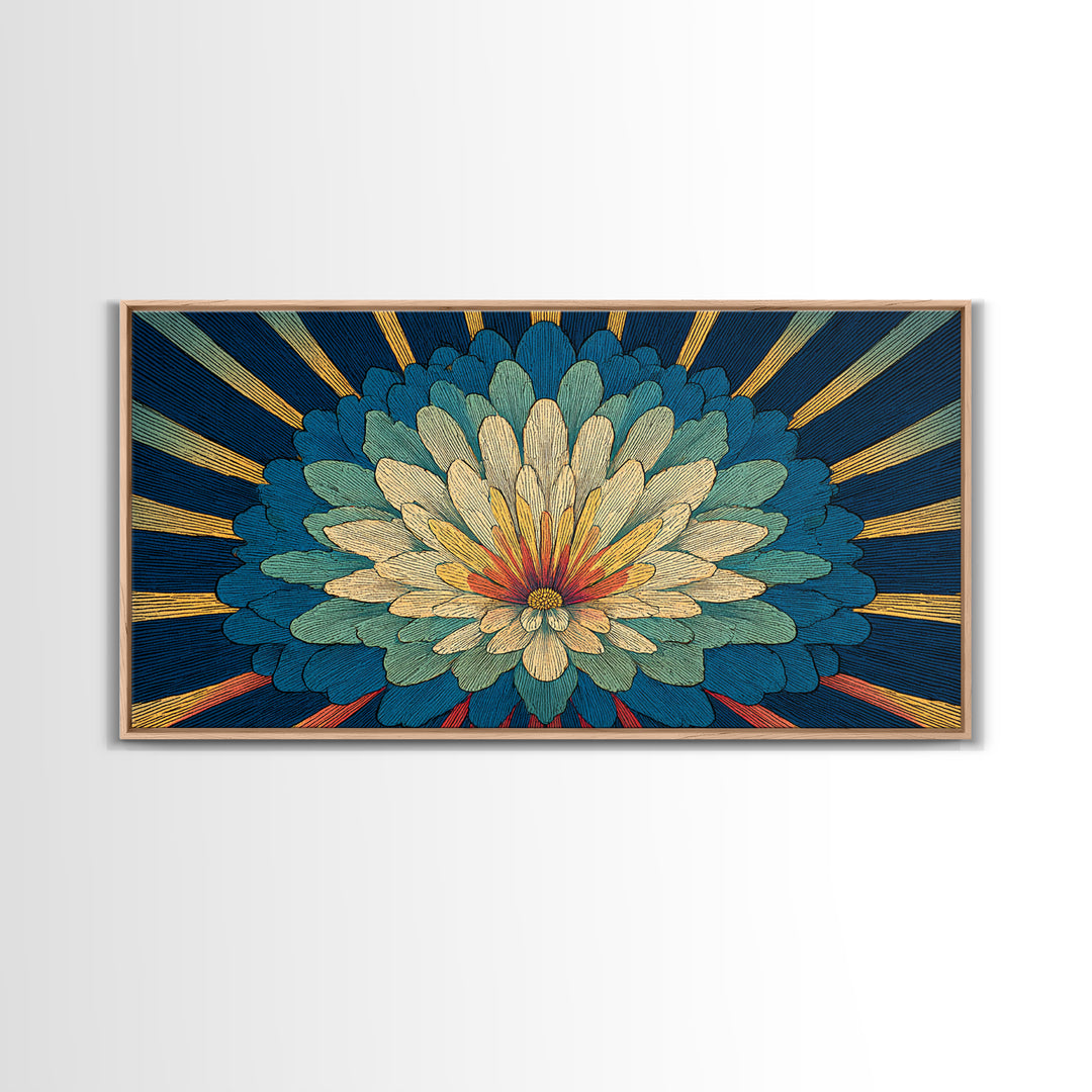 Teal Cream Radiant Flower Wall Art, Midcentury Modern Art Print, Art Deco Floral Decor, Retro Botanical Living Room Decor