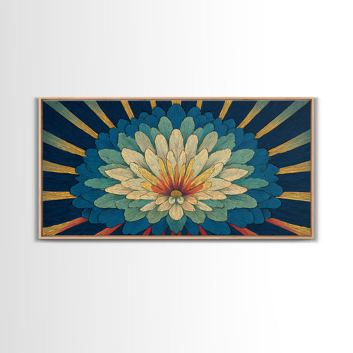 Teal Cream Radiant Flower Wall Art, Midcentury Modern Art Print, Art Deco Floral Decor, Retro Botanical Living Room Decor