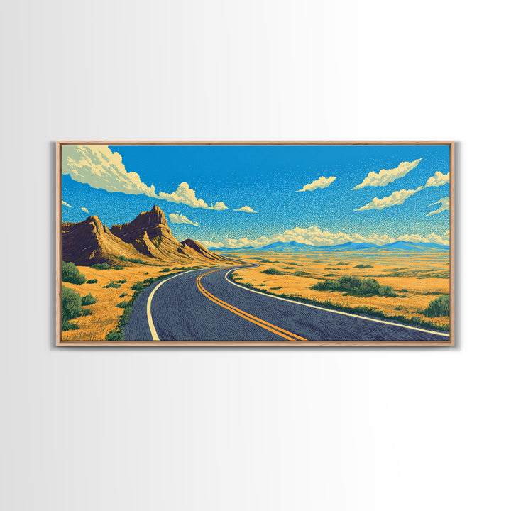 Open Road Mountain Wall Art, Midcentury Modern Landscape Print, Retro Travel Poster, Scenic Southwestern Home Office Decor