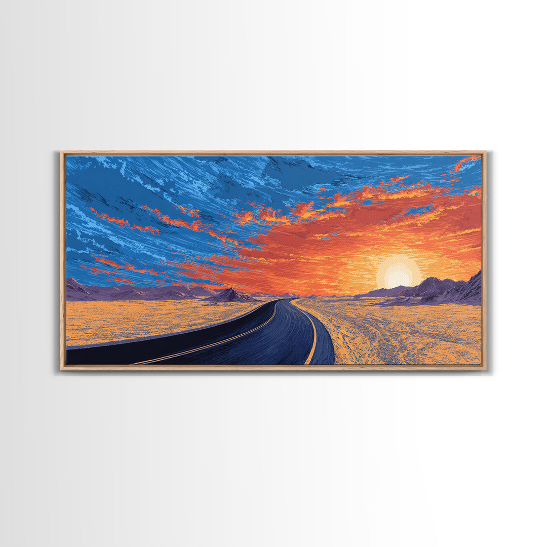 Sunset Highway Desert Wall Art, Midcentury Modern Landscape Print, Retro Travel Poster, Orange Blue Living Room Decor For Home