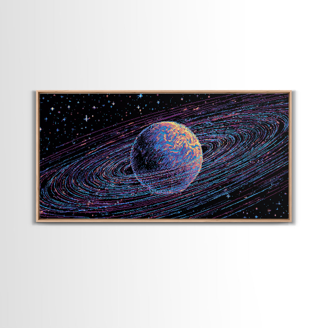 Ringed Planet Space Wall Art, Retro Sci Fi Canvas Print, Cosmic Abstract Art, Modern Digital Art Poster For Bedroom Decor