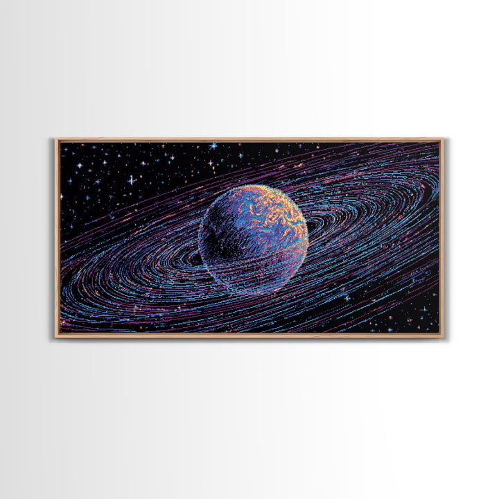 Ringed Planet Space Wall Art, Retro Sci Fi Canvas Print, Cosmic Abstract Art, Modern Digital Art Poster For Bedroom Decor