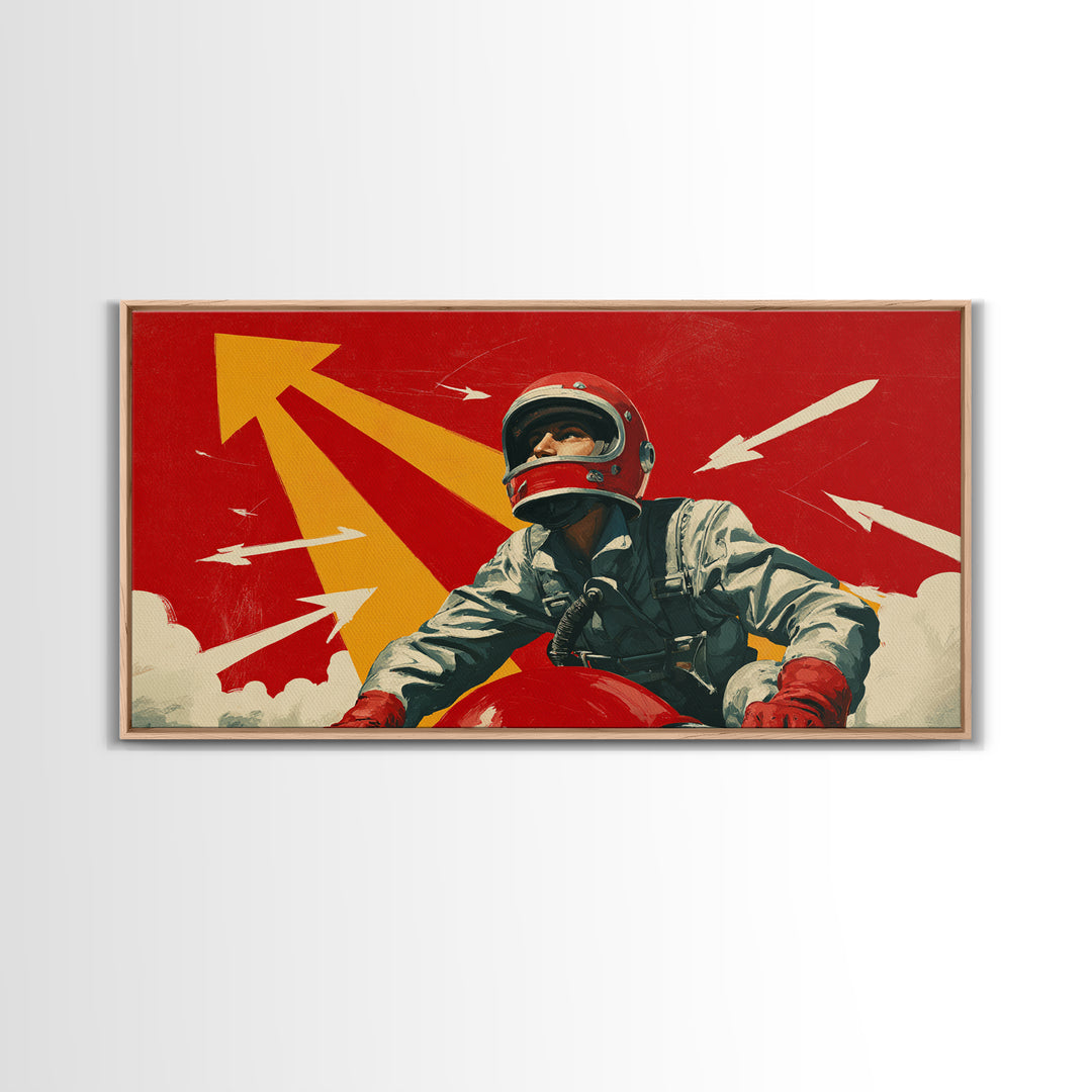 Retro Space Racer Canvas Print, Helmeted Pilot With Arrows Poster, Midcentury Modern Wall Decor, Bold Red Adventure Art Print