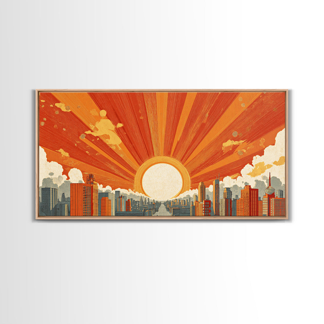 Giant Orange Sun Over City Wall Art, Midcentury Modern Skyline Print, Retro Urban Poster, Warm Home Office Decor Canvas Print