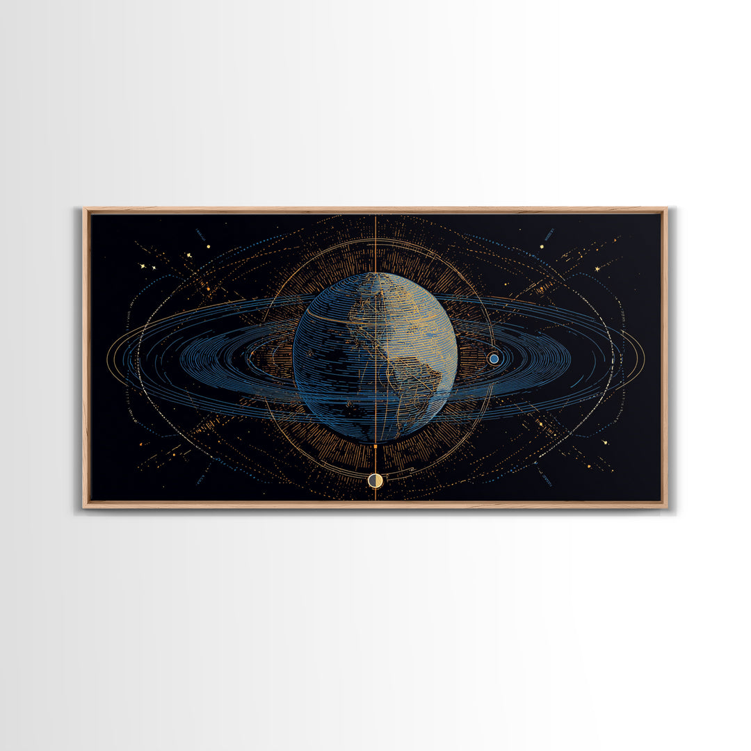 Celestial Planet Orbit Framed Canvas Print, Midcentury Modern Wall Art, Space Abstract Poster, Cosmic Retro Home Office Decor