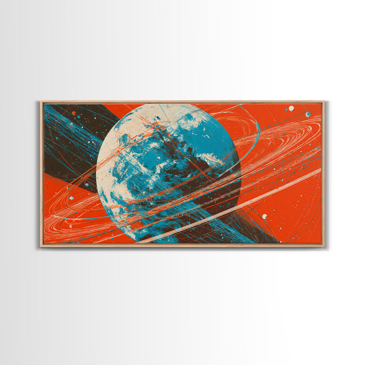 Orange Ringed Planet Canvas Print, Bold Retro Space Wall Art, Mid Century Modern Abstract Poster, Teal Blue Sci Fi Decor