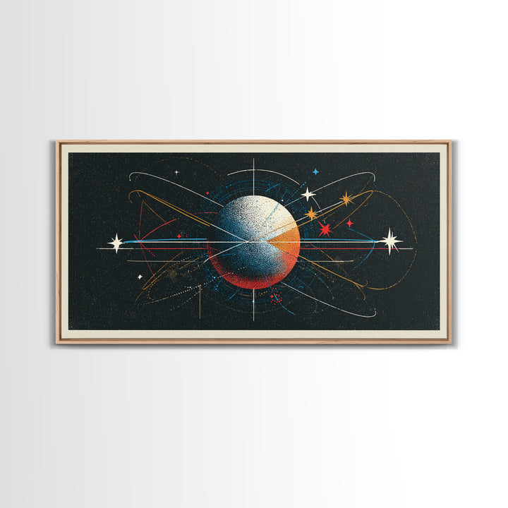 Atomic Orbit Sphere Wall Art, Mid Century Modern Abstract Space Poster, Geometric Planet Lines, Retro MCM Living Room Decor