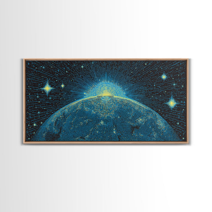 Blue Planet Horizon Canvas Print, Starburst Space Wall Art, Mid Century Modern Abstract Decor, Cosmic Sunrise Statement Poster