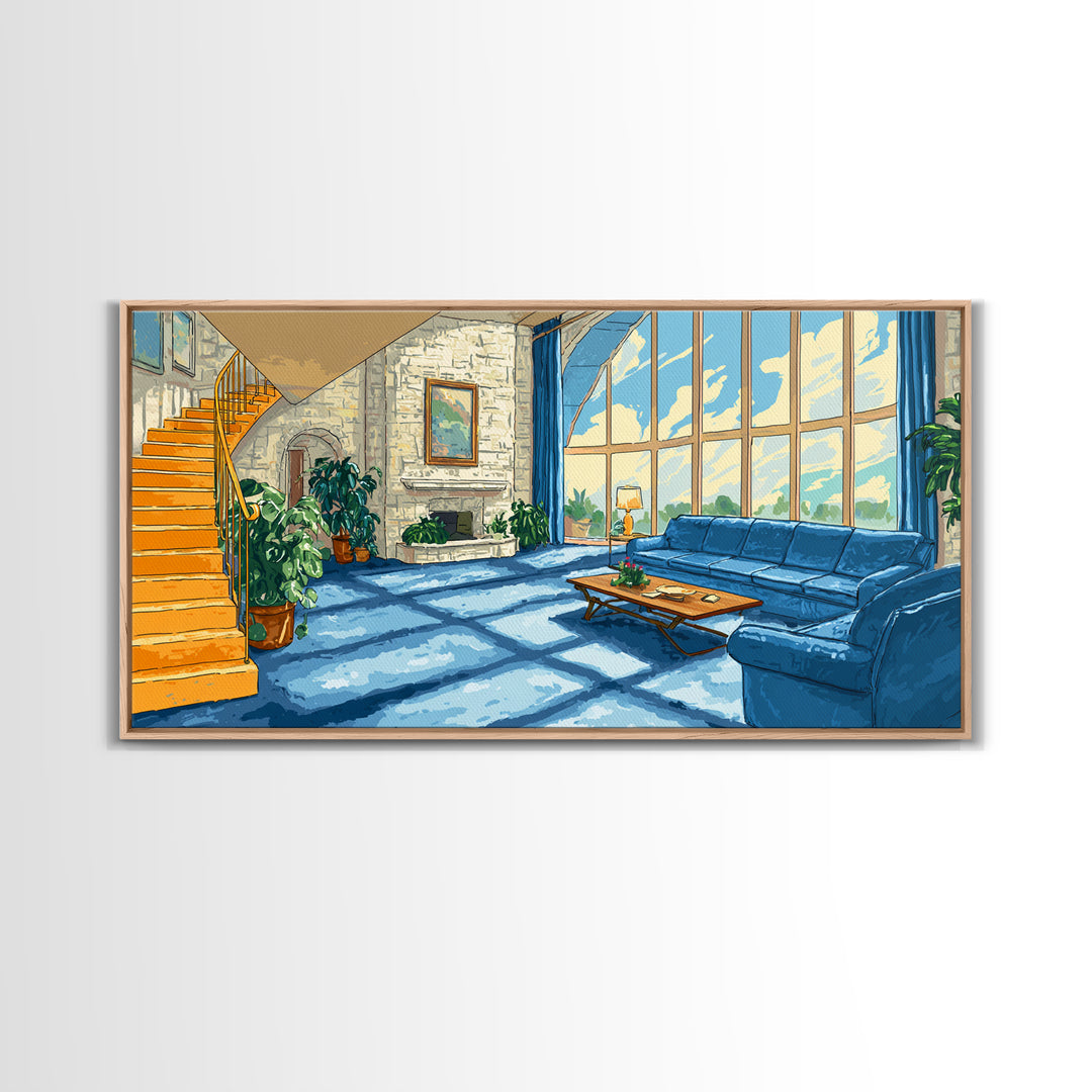 Sunlit Blue Sofa Loft Framed Canvas Print, Modern Wall Art, Airy Living Room Decor, Architectural Interior Poster, Home Office