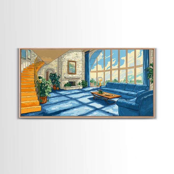 Sunlit Blue Sofa Loft Framed Canvas Print, Modern Wall Art, Airy Living Room Decor, Architectural Interior Poster, Home Office