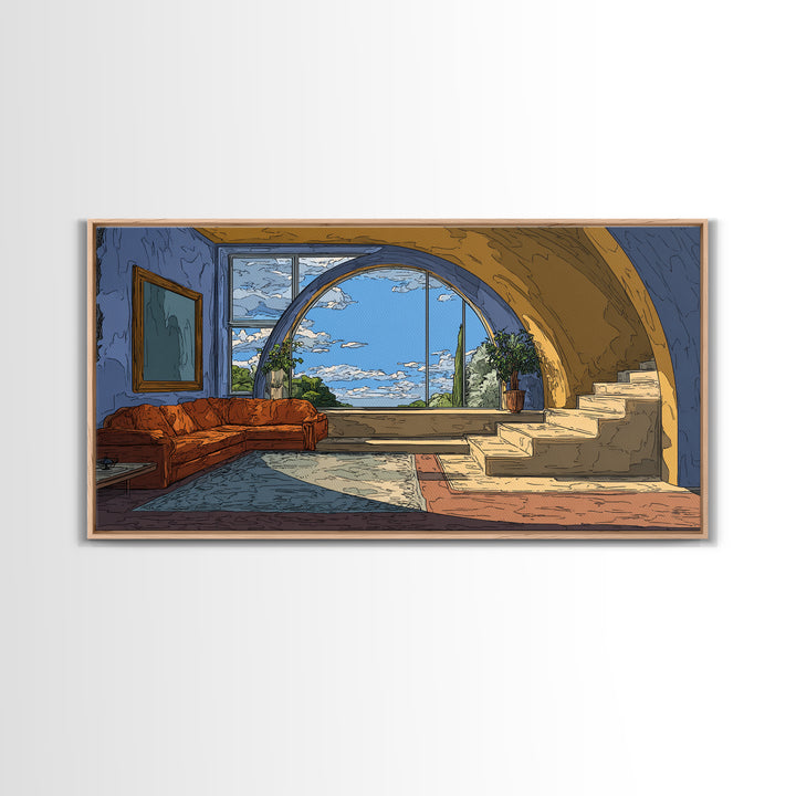 Arched Sea View Living Room Canvas Print, Mediterranean Modern Wall Art, Orange Sofa Coastal Decor, Scenic Interior Poster