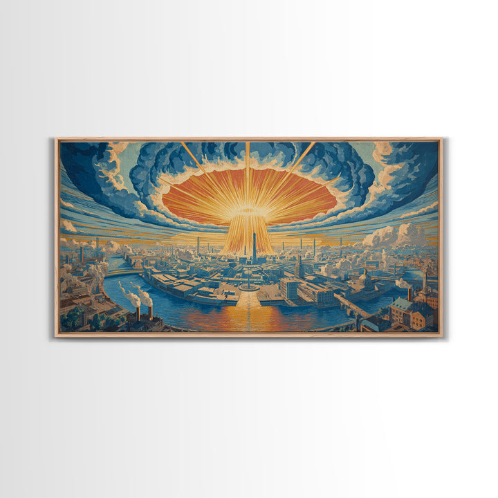 Radiant Futuristic City Sunrise Wall Art, Retro Sci Fi Skyline, Mid Century Modern Decor, Blue Orange Large Canvas Print