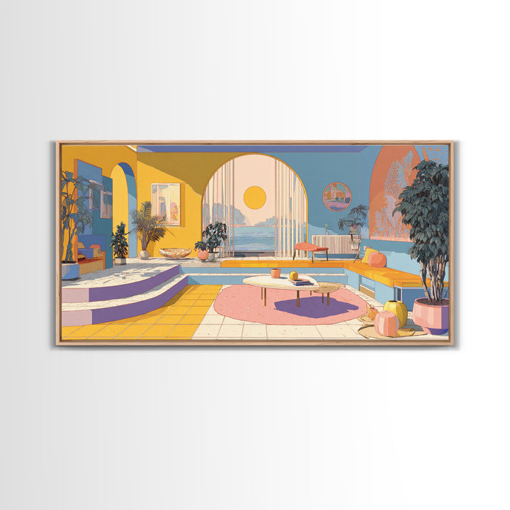 Pastel Ocean Sunroom Canvas Print, Colorful Modern Wall Art, Arch Window Coastal Decor, Retro Palm Springs Living Room Poster