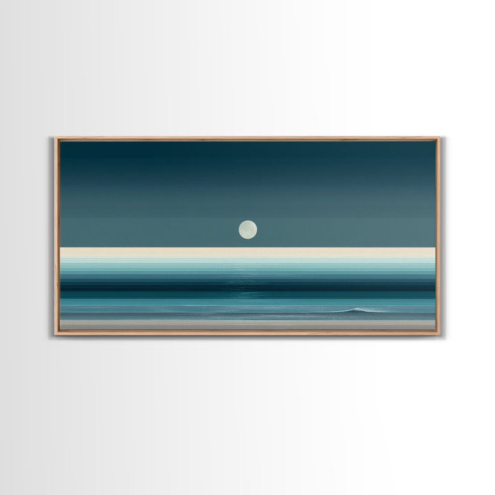 Minimal Moon Over Teal Ocean Canvas Print, Coastal Night Seascape, Modern Wall Art, Blue Horizontal Landscape Decor, Bedroom Art Prints