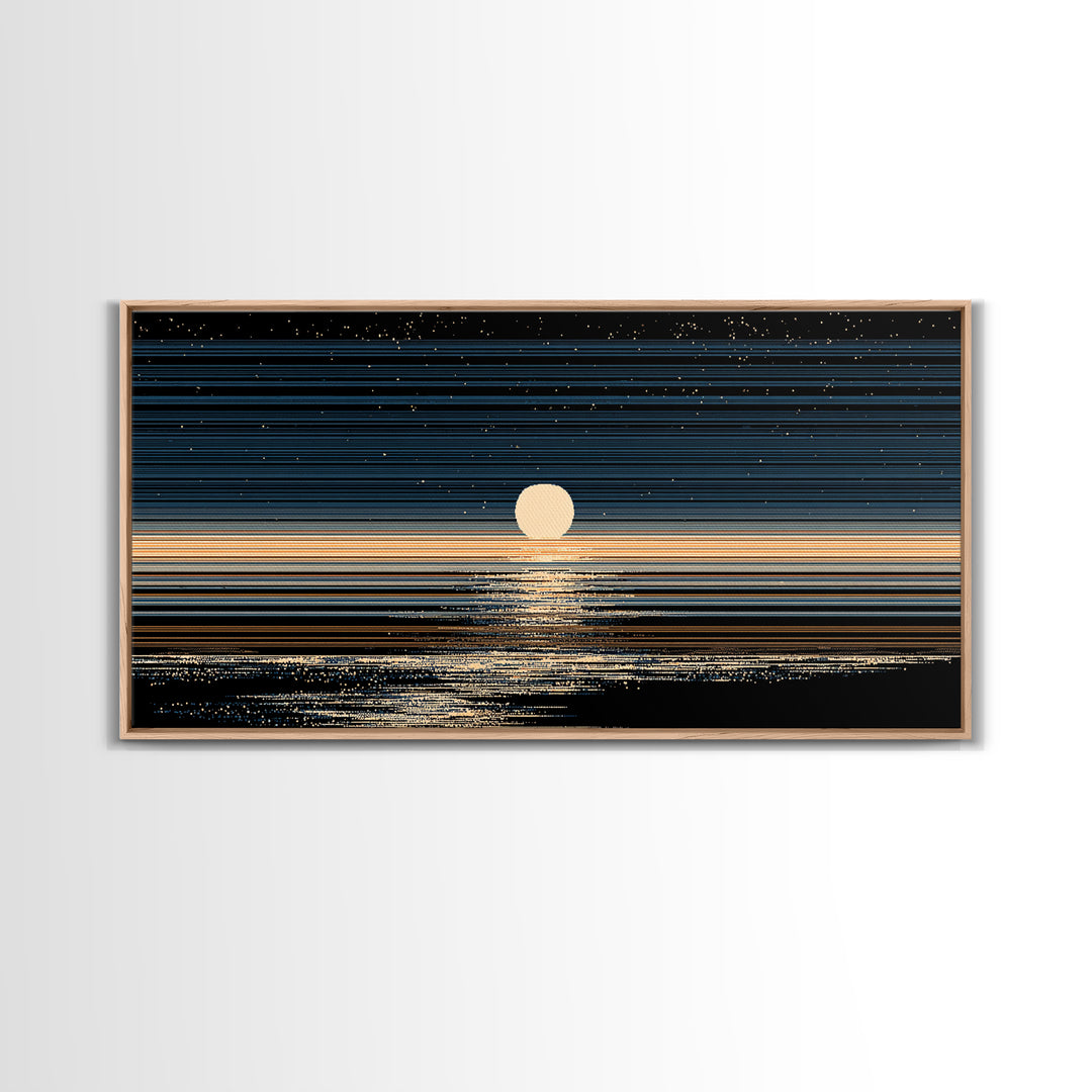 Golden Moon Horizon Ocean Canvas Print, Starry Night Seascape Wall Art, Modern Coastal Decor, Blue Black Bedroom Art Prints