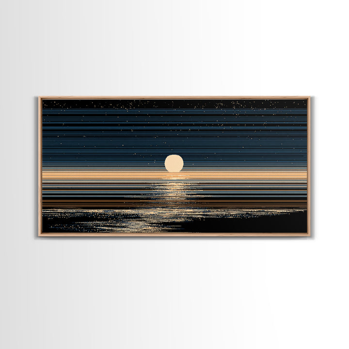 Golden Moon Horizon Ocean Canvas Print, Starry Night Seascape Wall Art, Modern Coastal Decor, Blue Black Bedroom Art Prints