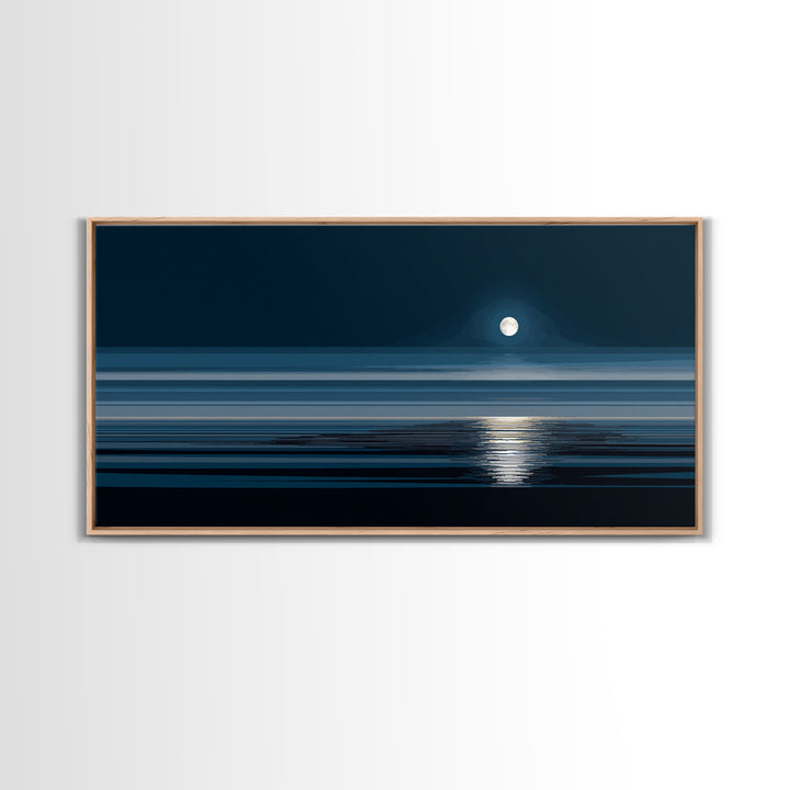 Quiet Moon Over Dark Ocean Canvas Print, Minimal Blue Seascape Wall Art, Modern Coastal Decor, Peaceful Bedroom Art Prints