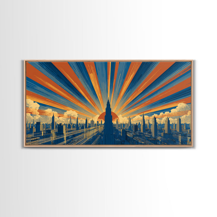 Art Deco Futuristic Skyline Framed Canvas Print, Retro Sci Fi Cityscape, Mid Century Modern Wall Decor, Blue Orange Poster