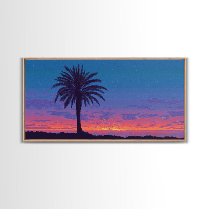 Starry Twilight Palm Tree Wall Art, Purple Blue Tropical Sunset, Retro California Poster, Modern Home Decor Canvas Print