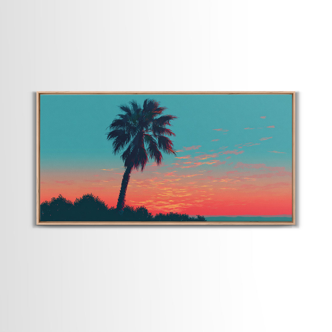 Leaning Palm Coral Sunset Canvas Print, Retro Tropical Landscape, Midcentury Wall Art, Palm Springs Decor, Coastal Poster Print