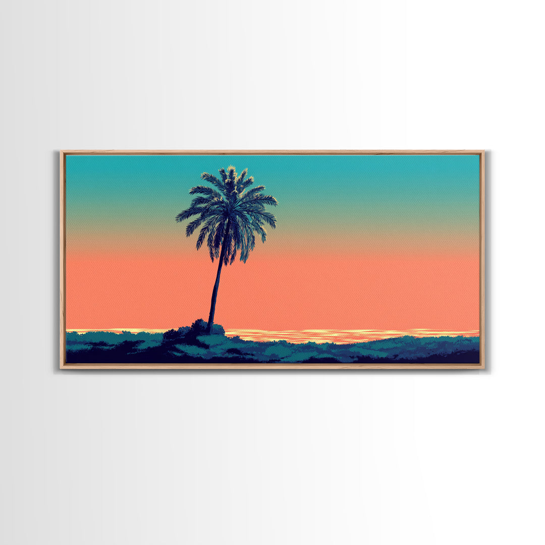 Solitary Palm Ocean Sunset Framed Canvas Print, Retro Tropical Wall Art, Midcentury Modern Decor, Coastal Home Poster Print