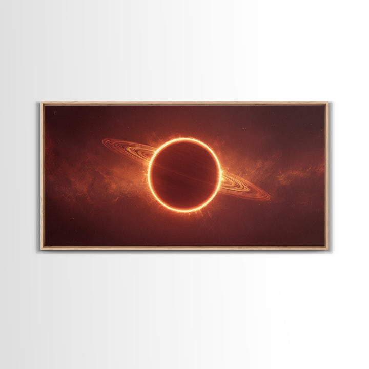 Ringed Planet Eclipse Framed Canvas Print, Cosmic Nebula Wall Art, Retro Sci Fi Poster, Orange Space Decor, Modern Art Print