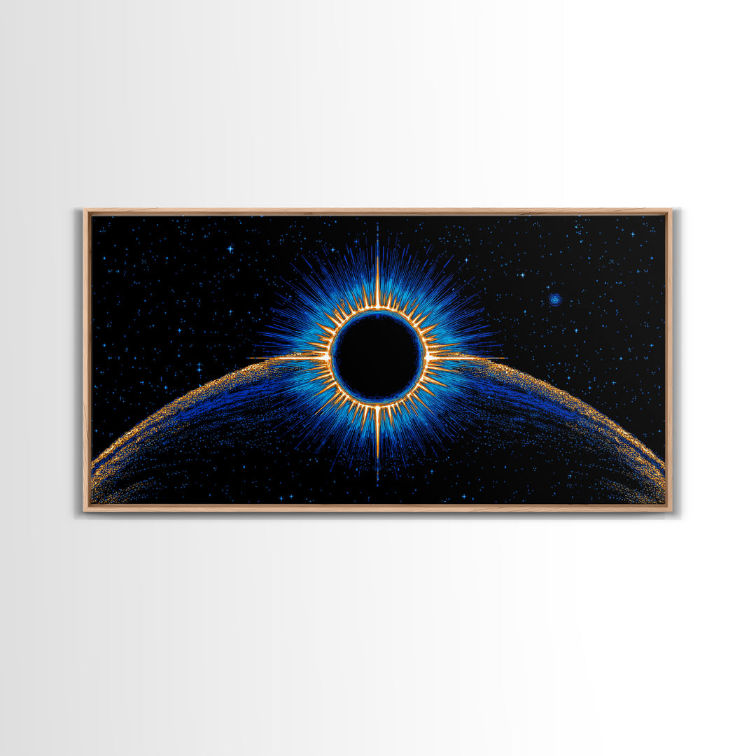 Blue Solar Eclipse Wall Art, Cosmic Retro Sci Fi Print, Black Hole Starfield Poster, Modern Digital Art, Space Decor Print