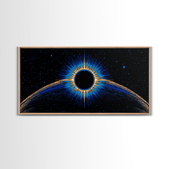 Blue Solar Eclipse Wall Art, Cosmic Retro Sci Fi Print, Black Hole Starfield Poster, Modern Digital Art, Space Decor Print