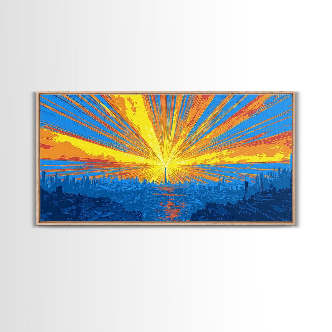 Explosive Solar Skyline Wall Art, Bright Retro Sci Fi Sunburst, Blue Orange Modern Art Print, Mid Century City Poster Decor