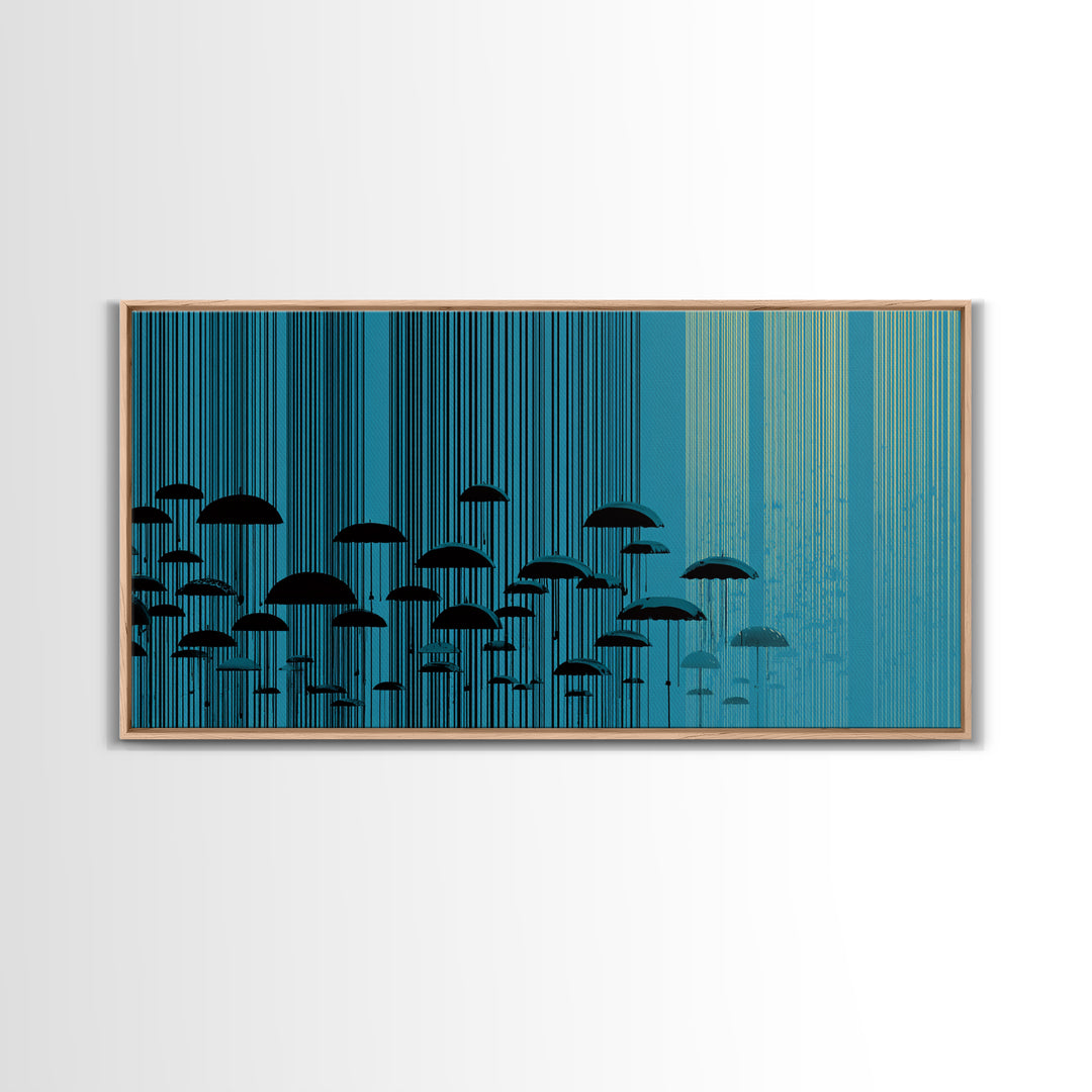 Teal Rain Umbrellas In Vertical Lines Wall Art, Midcentury Modern Abstract Print, Retro Wall Decor, Modern Home Decor For Living Room