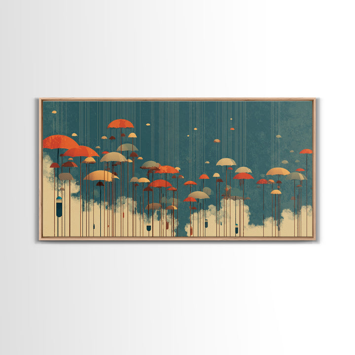 Orange Umbrellas Over Cream Clouds Wall Art, Midcentury Modern Abstract Print, Teal Retro Decor, Modern Home Decor For Living Room